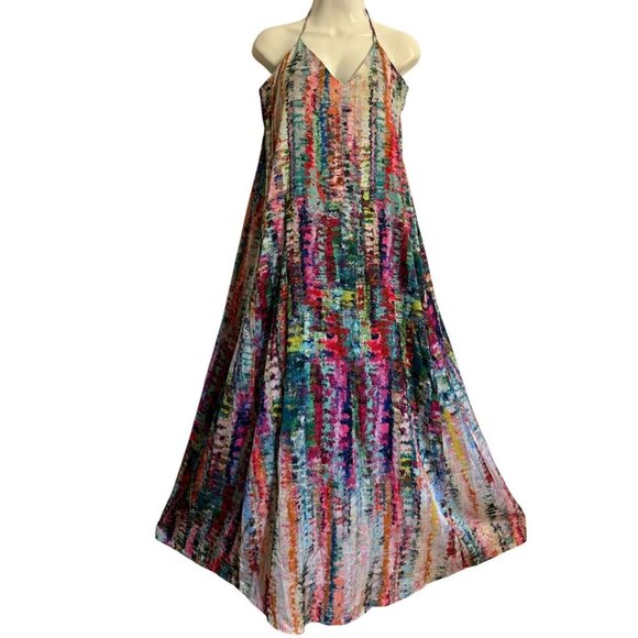 Nicole Miller New York Multicolor Halter Maxi Dress M Polyester Blend Boho Beach - Picture 1 of 16